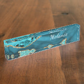 Teal Blue Gold Marble Turquoise Desk Name Plate Naambordje (Zijkant)