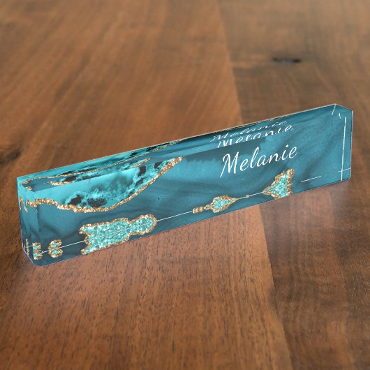 Teal Blue Gold Marble Turquoise Desk Name Plate Naambordje (Zijkant)