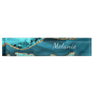 Teal Blue Gold Marble Turquoise Desk Name Plate Naambordje