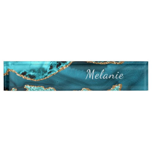 Teal Blue Gold Marble Turquoise Desk Name Plate Naambordje (Voorkant)