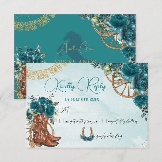 Teal Blue Green Floral Charro Quinceañera Reply RSVP Kaartje (Voorkant / Achterkant)
