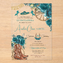 Teal Blue Green Floral Charro Western Quinceanera  Acryl Uitnodigingen
