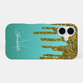 Teal Blue Green - Gold Glitter Drips Personalized iPhone 16 Hoesje (Achterkant horizontaal)