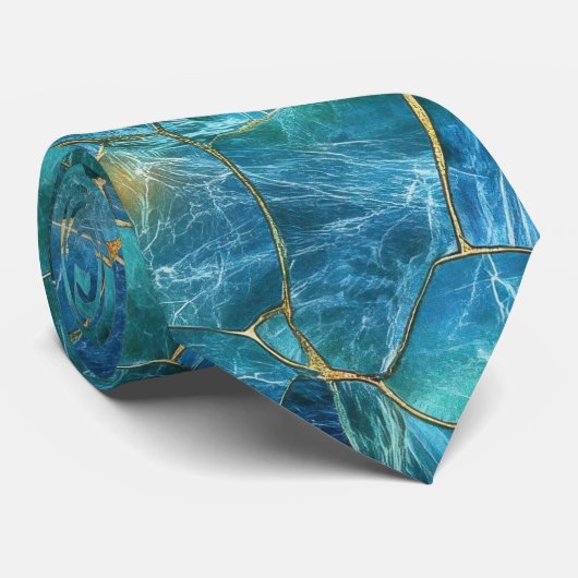Teal Blue Marble Texture with Gold Veins Stropdas (Opgerold)