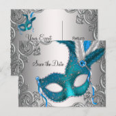 Teal Blue Masquerade Save The Date Aankondigingskaart (Voorkant / Achterkant)