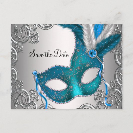 Teal Blue Masquerade Save The Date Aankondigingskaart (Voorkant)