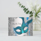 Teal Blue Masquerade Save The Date Aankondigingskaart (Staand voorkant)