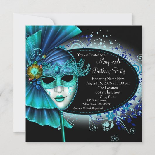 Teal Blue Midnight Masquerade Feest Kaart (Voorkant)