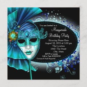 Teal Blue Midnight Masquerade Feest Kaart