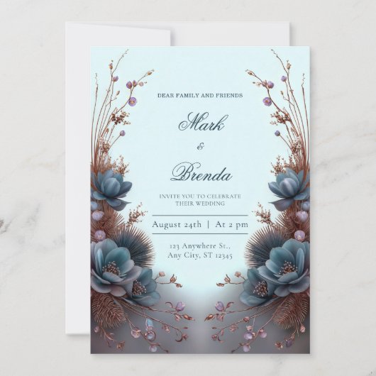 Teal Blue Modern Symmetrical Botanical Wedding Kaart (Voorkant)