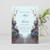 Teal Blue Modern Symmetrical Botanical Wedding Kaart (Staand voorkant)