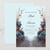 Teal Blue Modern Symmetrical Botanical Wedding Kaart (Voorkant / Achterkant)