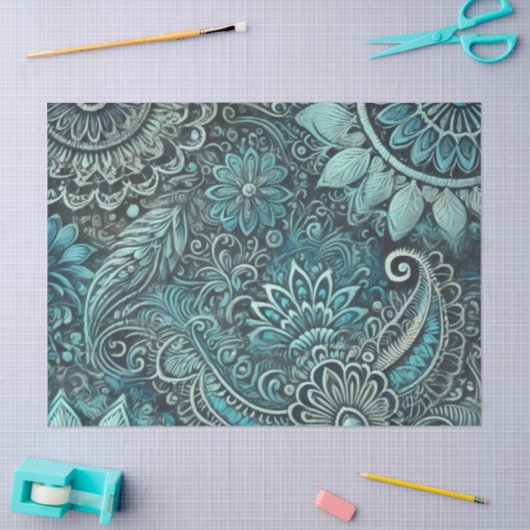 Teal Blue Paisley Floral Pattern Decoupage Tissuepapier (Craft)