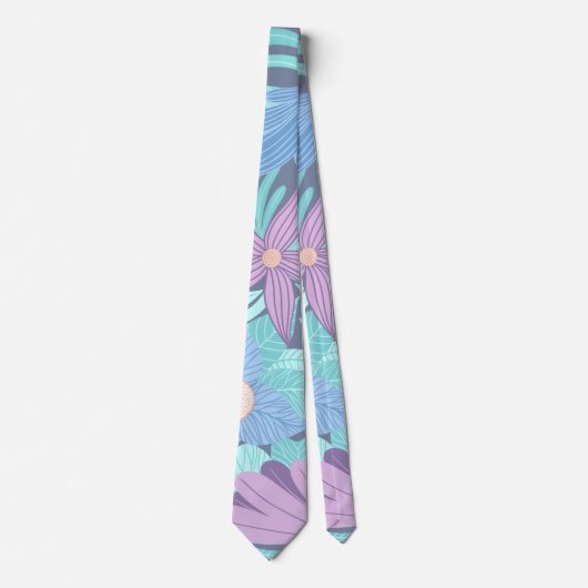 Teal Blue Pink Floral Illustration Pattern Stropdas (Voorkant)