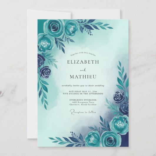 Teal Blue Serene Botanical Wedding Kaart (Voorkant)