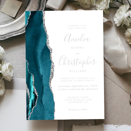 Teal Blue Silver Agate Modern Script Wedding Folie Uitnodiging