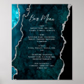 Teal Blue Silver Agate Script Wedding Bar Menu  Poster (Voorkant)