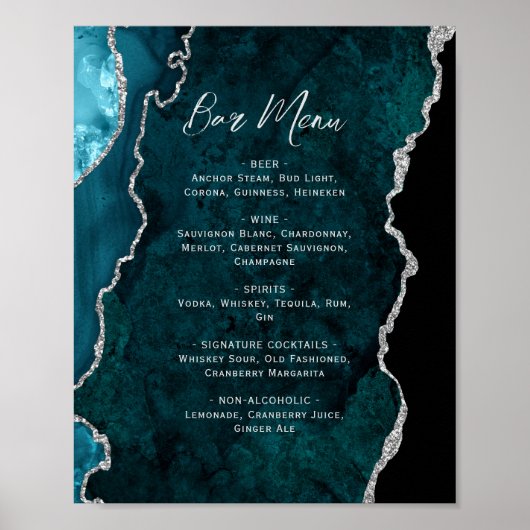 Teal Blue Silver Agate Script Wedding Bar Menu  Poster (Voorkant)
