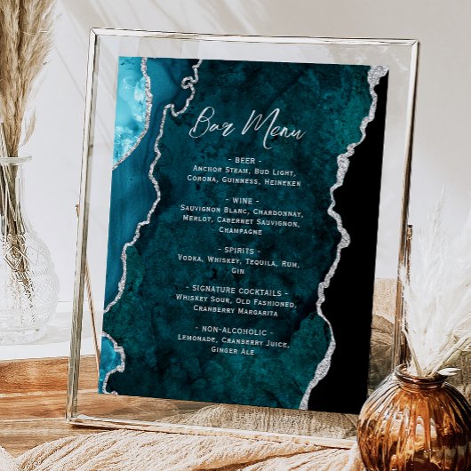 Teal Blue Silver Agate Script Wedding Bar Menu  Poster