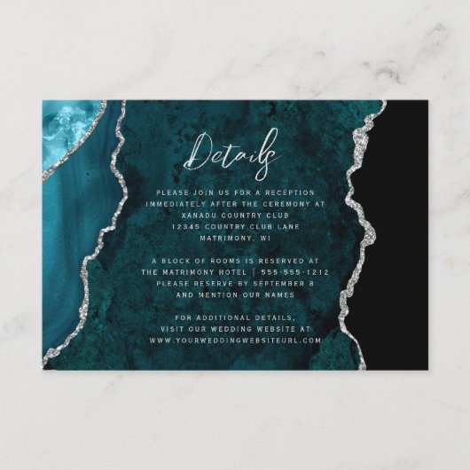 Teal Blue Silver Agate Script Wedding Details Informatiekaartje (Voorkant)
