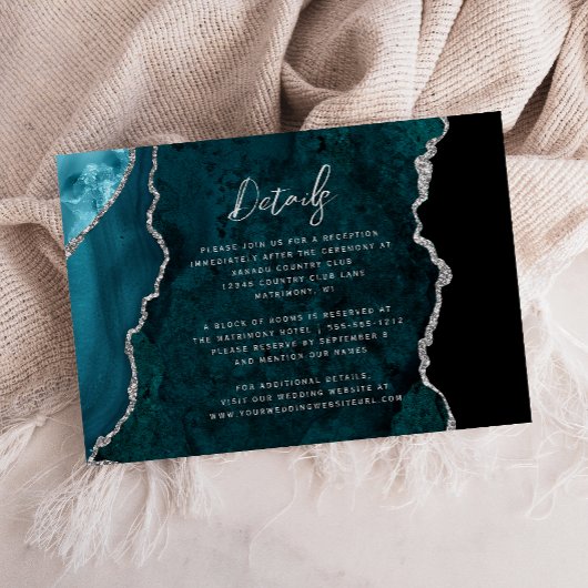 Teal Blue Silver Agate Script Wedding Details Informatiekaartje