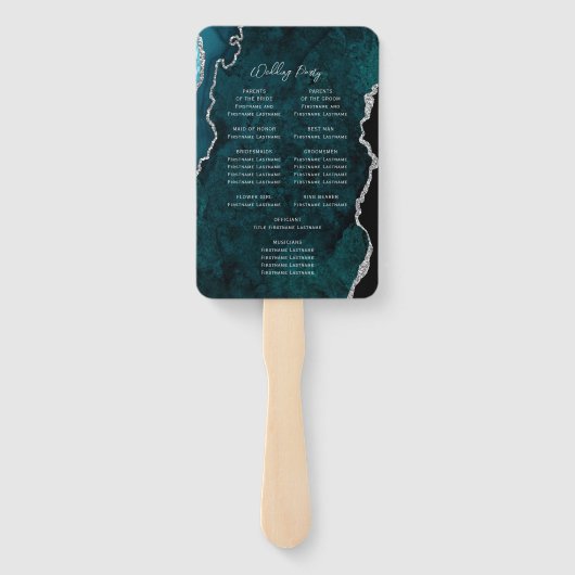 Teal Blue Silver Agate Script Wedding Program Handwaaier (Achterkant)
