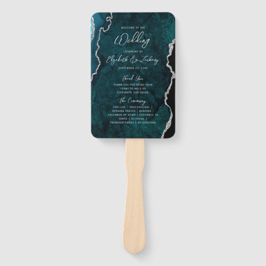 Teal Blue Silver Agate Script Wedding Program Handwaaier (Voorkant)