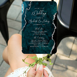 Teal Blue Silver Agate Script Wedding Program Handwaaier