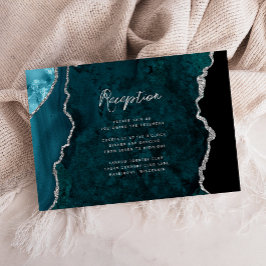 Teal Blue Silver Agate Script Wedding Reception Informatiekaartje