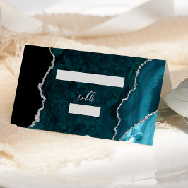 Teal Blue Silver Agate Script Wedding Table Plaatskaartje