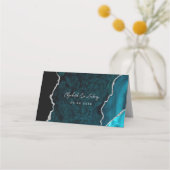 Teal Blue Silver Agate Script Wedding Table Plaatskaartje (Achterkant)