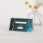 Teal Blue Silver Agate Script Wedding Table Plaatskaartje (Voorkant)