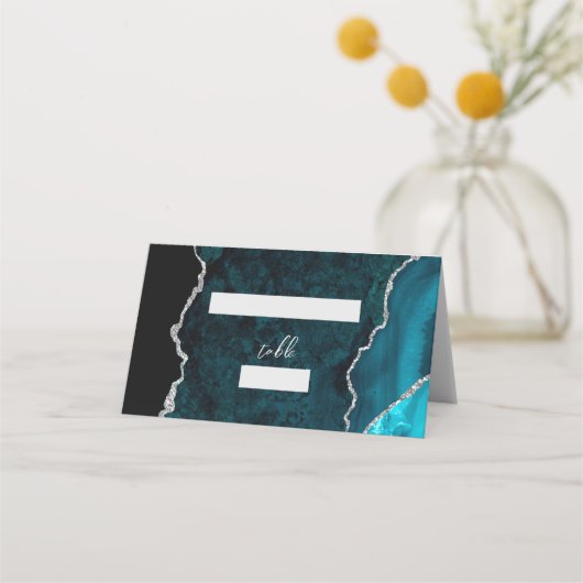 Teal Blue Silver Agate Script Wedding Table Plaatskaartje (Voorkant)