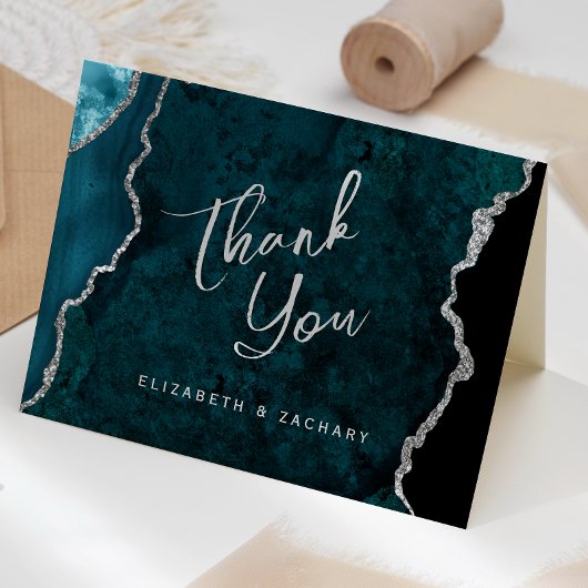 Teal Blue Silver Agate Script Wedding Thank You Kaart
