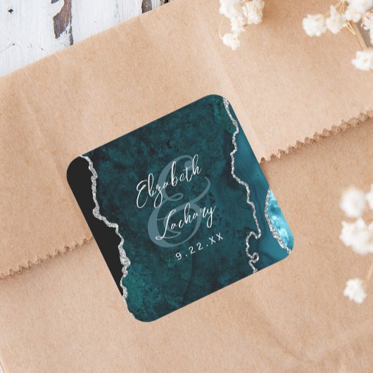 Teal Blue Silver Agate Script Wedding Vierkante Sticker