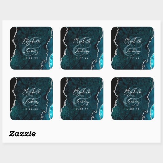 Teal Blue Silver Agate Script Wedding Vierkante Sticker (Vel)
