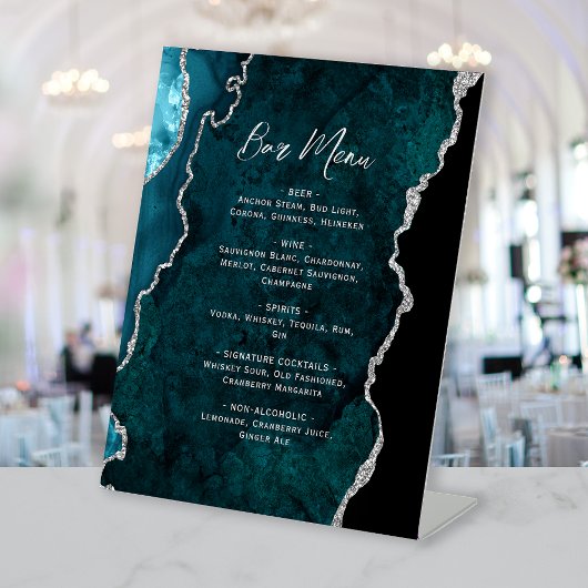 Teal Blue Silver Agate Wedding Bar Menu Reclamebord Met Voetstuk