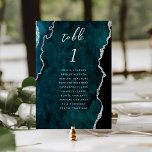 Teal Blue Silver Agate Wedding Kaart<br><div class="desc">This elegant modern wedding table number card features a teal blue watercolor agate background trimmed with faux silver glitter. The word "table" appears in silver gray handwriting script. Add the names of your guests who are assigned to each table.</div>