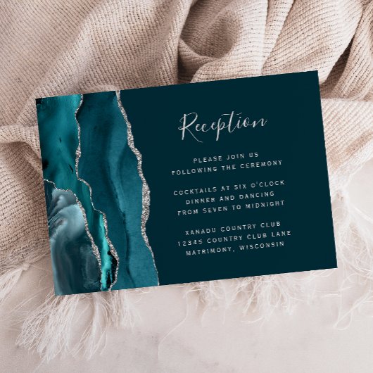 Teal Blue Silver Agate Wedding Reception Informatiekaartje