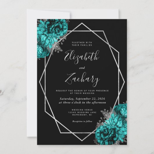 Teal Blue Silver Floral Black Wedding Kaart (Voorkant)