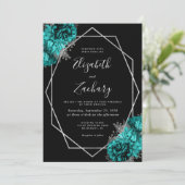 Teal Blue Silver Floral Black Wedding Kaart (Staand voorkant)