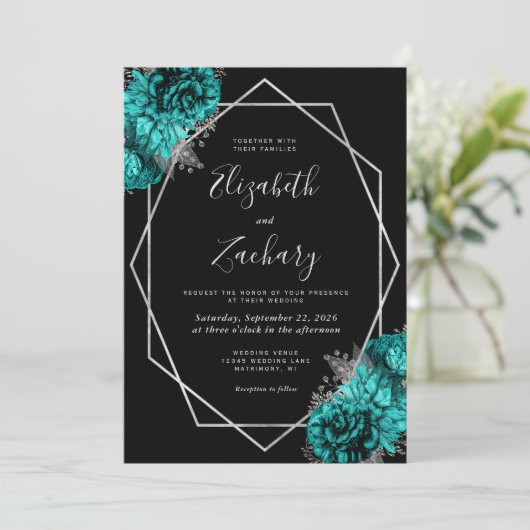 Teal Blue Silver Floral Black Wedding Kaart (Staand voorkant)