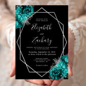 Teal Blue Silver Floral Black Wedding Kaart