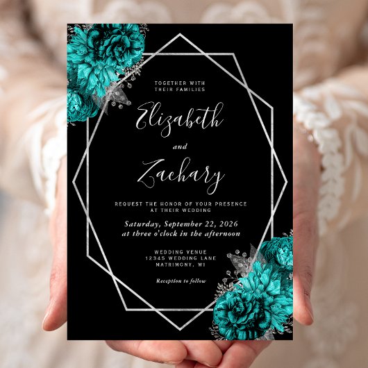 Teal Blue Silver Floral Black Wedding Kaart