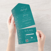 Teal Blue Silver Glitter QR Code Wedding All In One Uitnodiging (Afscheurbaar)