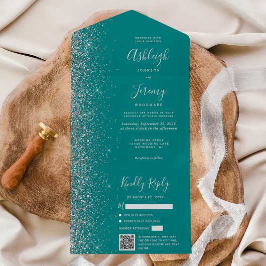 Teal Blue Silver Glitter QR Code Wedding All In One Uitnodiging