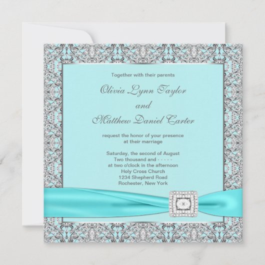 Teal Blue Silveren Bruiloft Kaart (Voorkant)
