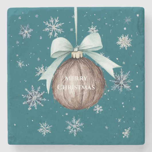 Teal Blue Snowflakes Christmas Coconut Bow Stenen Onderzetter (Voorkant)