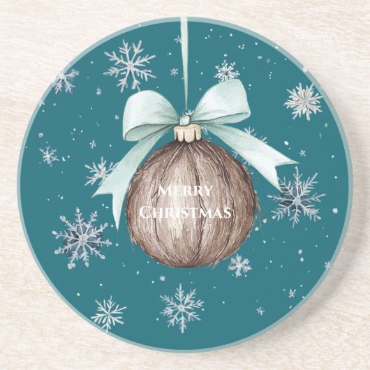 Teal Blue Snowflakes Christmas Coconut Bow Zandsteen Onderzetter (Voorkant)