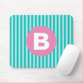 Teal Blue Vertical Striped Pink Circle Monogram Muismat (Met muis)